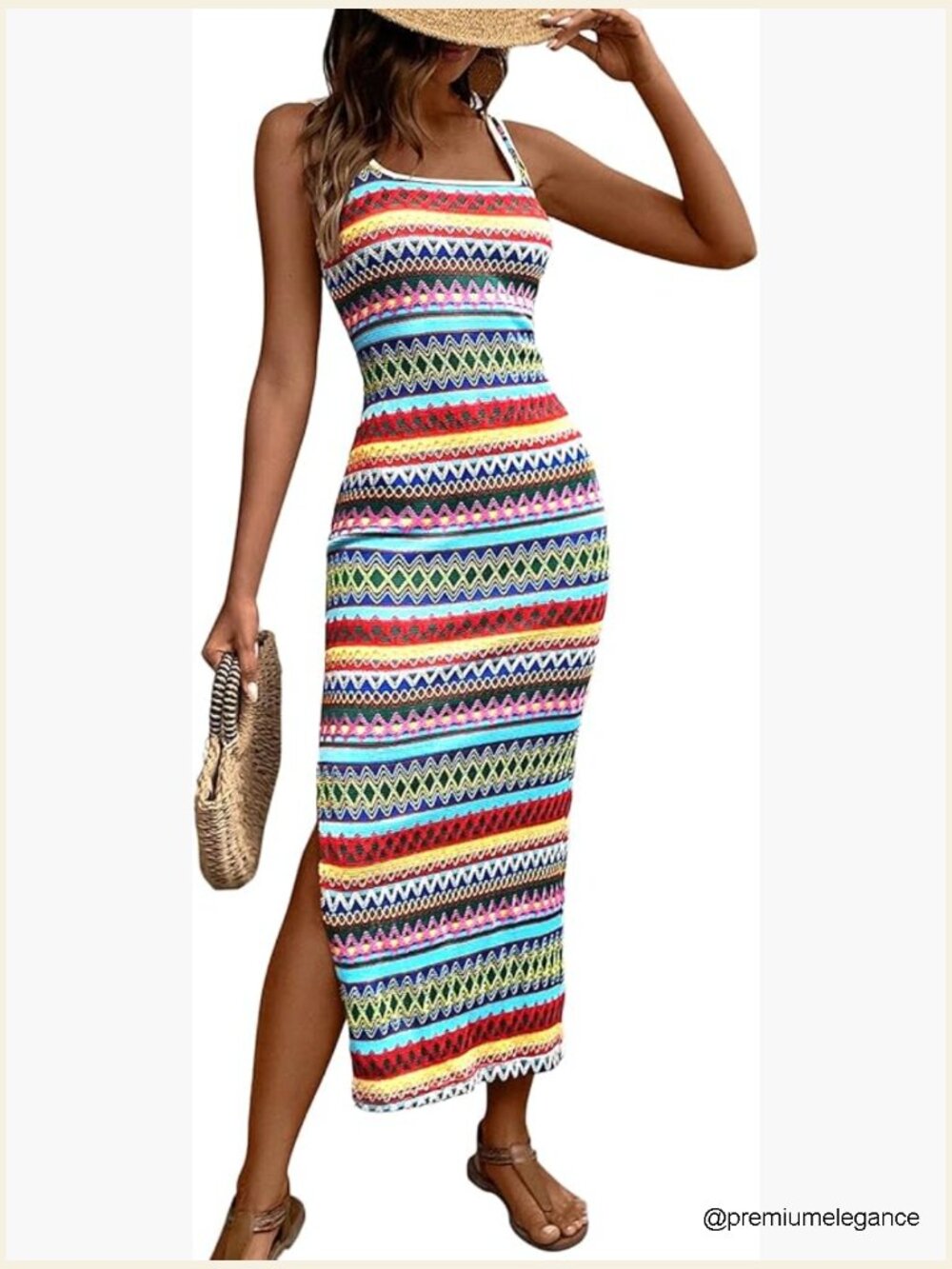Slim Fit Maxi Dress Square Neck Sleeveless Side Slit Bohemian Striped
